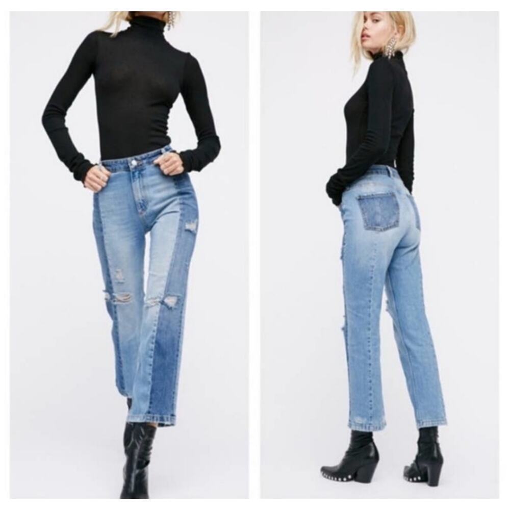 Free People The Skinny Patchwork Two Tone Distressed Jeans Size: 29 *EUC
